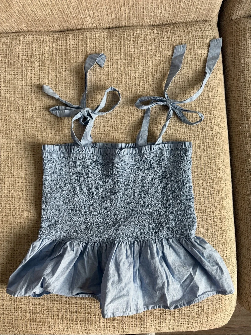 J. Crew Light Blue Smocked Tie-Shoulder Top